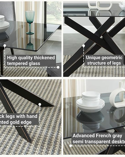 Modern Style Dining Table with Gray Tempered Glass Top and Black Metal Tubular Legs, 58.5”Lx29”Wx30”H
