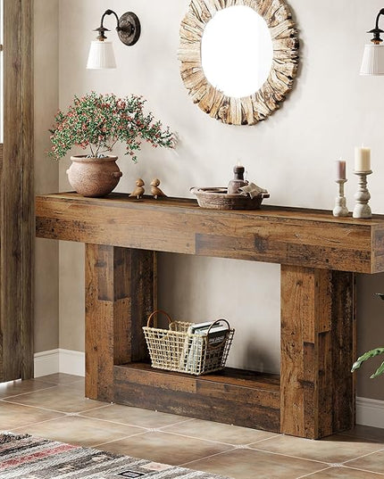 Tribesigns 63" Console Table, Farmhouse 2-Tier Entryway Table with U-Shaped Base, Narrow Long Wood Sofa Table Behind Couch Table for Living Room, Hallway, Foyer, Mix Brown