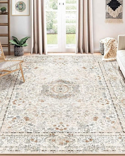8x10 Area Rugs Washable,Boho Rug for Living Room Bedroom Dining Room,Large Vintage Bohemian Distressed Carpet Non Slip,Beige