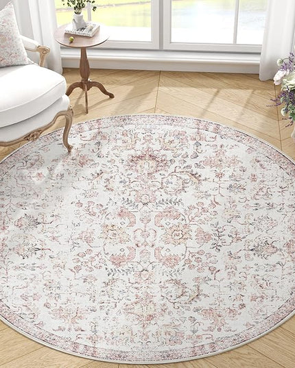 jinchan Kalen Round Rug 4ft Area Rug Washable Vintage Indoor Retro Accent Entryway Floor Cover Distressed Floral 4' Round Circle Boho Non Slip Thin Carpet for Bedroom Living Room Dining Room Red