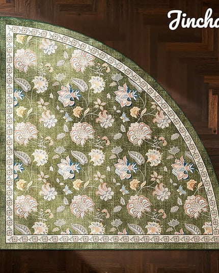 jinchan Elora Floral Corner Rug for Living Room Washable Rug Vintage Romance Christmas Design Non Slip Quarter Circle Lightweight Low-Pile Throw Carpet for Reading Nook Playroom, 7ft Radius, Green