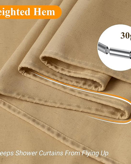 Naturoom Gold Yellow Linen Shower Curtain, Country Boho Farmhouse Bath Decor Shower Curtains Neutral Cloth Weighted Textured Fabric Bath Curtain Liner with Hooks, 72x80