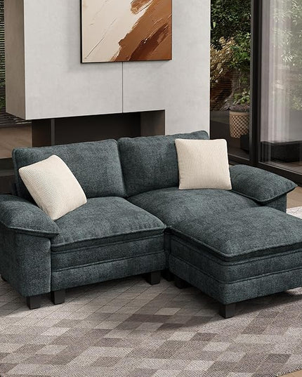 HERA'S HOUSE 88" Modular Sectional Sofa, L Shaped Couches for Living Room, Comfy Cloud Couch with Ottoman, 3-Seater Deep Seat Sofa with Throw Pillow, Chenille Blue