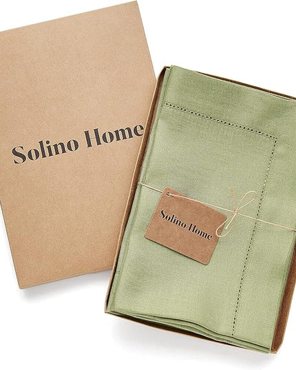 Solino Home Linen Napkins Set of 4 - Classic Hemstitch 100% Pure Linen Moss Green Dinner Napkins Cloth 20 x 20 Inch for Winter - Handcrafted and Machine Washable