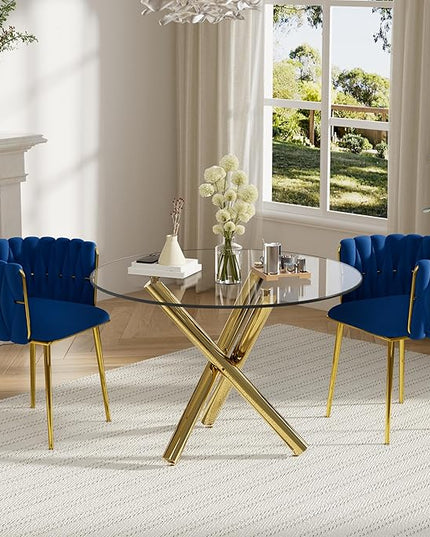 3 Pieces Round Glass Dining Set, 2 Person Modern Luxury Circle Kitchen Table Set, 36'' Clear Minimalist Circular Glass Top Dinner Room Set with Navy Blue Woven Chair, for Small Place (Golden)