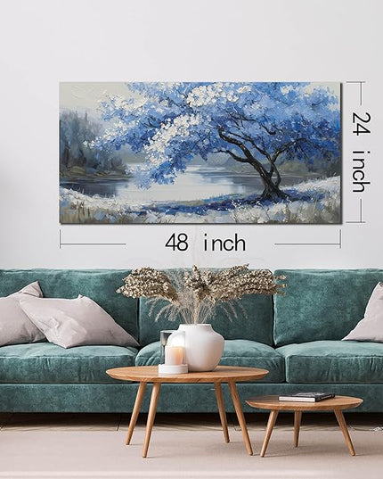 JuhaiArt Blue Wall Art White Picture Art Scenery Wall Decor Tree Wall Art Canvas for Living Room Bedroom Home Office Prints Gray Artwork 24" x 48"