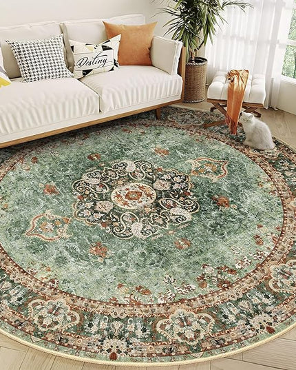 Round Rug 9ft,Large Green Circle Area Rugs for Bedroom Living Room,Washable Boho Vintage Bohemian Distressed Oriental Floral Carpet Non Slip