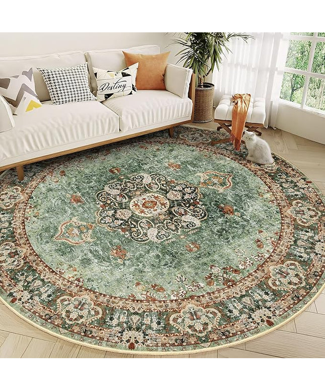 Round Rug 9ft,Large Green Circle Area Rugs for Bedroom Living Room,Washable Boho Vintage Bohemian Distressed Oriental Floral Carpet Non Slip