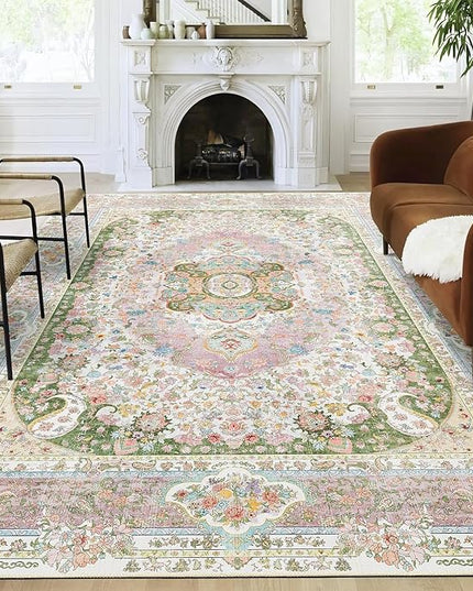 9x12 Area Rugs Washable,Pink Rug for Living Room Bedroom Dining Room,Large Boho Vintage Bohemian Distressed Carpet Non Slip,Blush Green