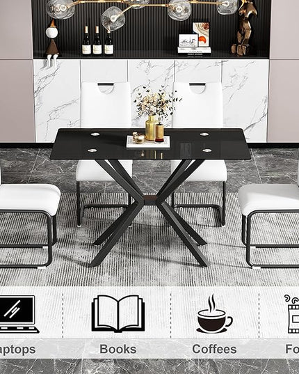 47.24" Rectangular Glass Dining Table Modern Kitchen Glass Top Table for 4 with Black Metal Legs, Clear Dining Table Kitchen Table for Home Office Dining Room