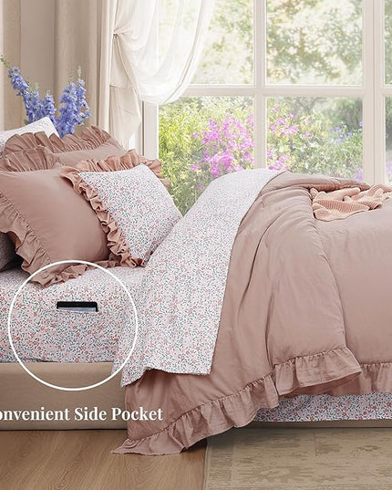Full Comforter Set - 7 Pieces Ruffle Pink Bedding Sets, Shabby Chic Farmhouse Bed in a Bag Full with Ruffle Comforter, Floral Sheets, Pillowcases & Shams