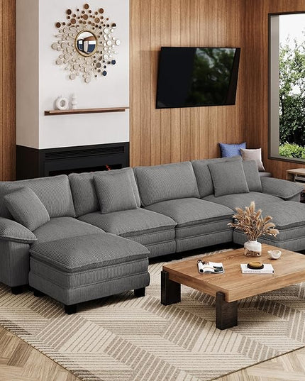 157-Inch U Shaped Sectional Sofa with Cloud Cushions, Deep Seat Modular Couch Set w/ 6 Seats & 2 Ottomans, Removable Arms, Plush Corduroy Upholstery for Living Room, Apartment - Gray