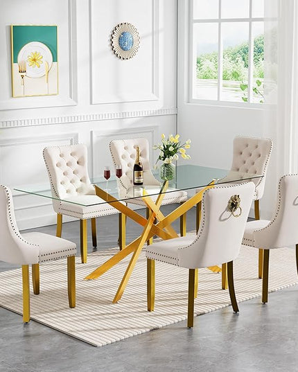 Modern 7-Piece Glass Dining Table Set for 6, Modern 60" Rectangle Gold Glass Dining Room Table Set with Beige Velvet Tufted Chairs Wood Legs for Kitchen Dining Room