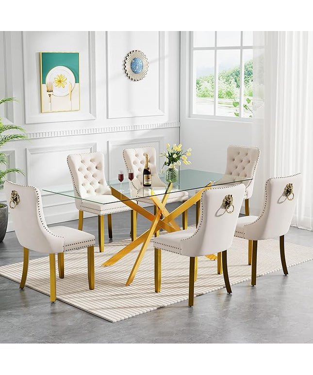 Modern 7-Piece Glass Dining Table Set for 6, Modern 60" Rectangle Gold Glass Dining Room Table Set with Beige Velvet Tufted Chairs Wood Legs for Kitchen Dining Room