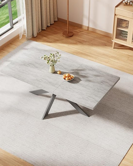 ZckyCine 6-Piece Extendable Dining Table Set, Modern 63''–79'' Grey Wood Table with 6 Grey Fabric Chairs, Dining Room Table and Chairs for 6, Ideal for Kitchen or Dining Room