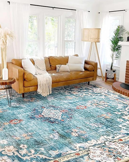 MUJOO 9’x12’ Area Rug Large Rugs for Living Room Teal Rug for Bedroom Dining Room Boho Rug Washable Rug Non Slip Big Carpet Abstract Soft Low-Pile Floral Flowers