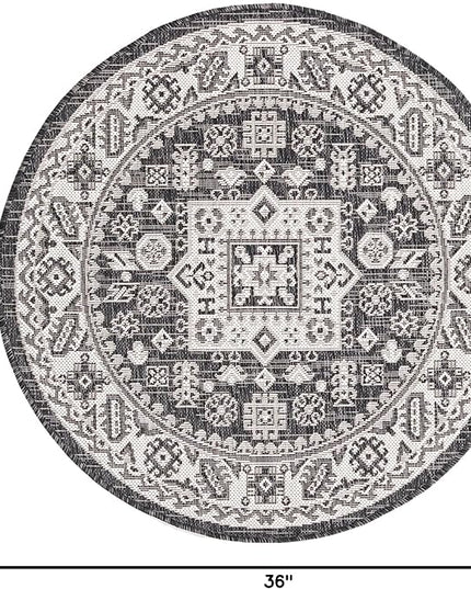 Rugs.com Outdoor Aztec Collection Rug – 3 Ft Round Charcoal Gray Flatweave Rug Perfect for Kitchens, Dining Rooms