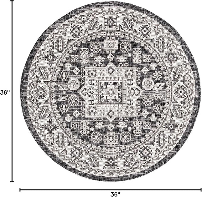 Rugs.com Outdoor Aztec Collection Rug – 3 Ft Round Charcoal Gray Flatweave Rug Perfect for Kitchens, Dining Rooms