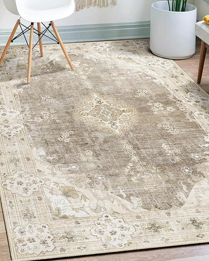 MUJOO Beige Rug 3'x5' Washable, Boho Area Rugs for Entryway Bedroom Living Room Kitchen,Small Vintage Bohemian Distressed Farmhouse Non Slip Carpet,Floral