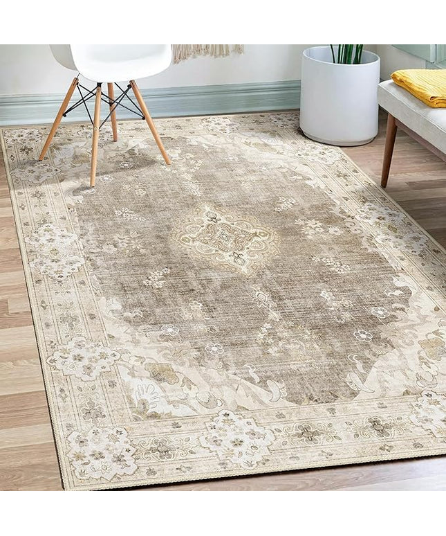 MUJOO Beige Rug 3'x5' Washable, Boho Area Rugs for Entryway Bedroom Living Room Kitchen,Small Vintage Bohemian Distressed Farmhouse Non Slip Carpet,Floral
