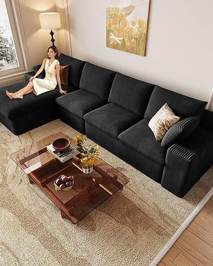 136" Cloud Couch Modular Sectional Sofa for Living Room, L-Shape Boneless Couch with Deep Seat, Modern Corduroy 4-Seater, No Assembly Required (Black,Left-Facing Chaise)