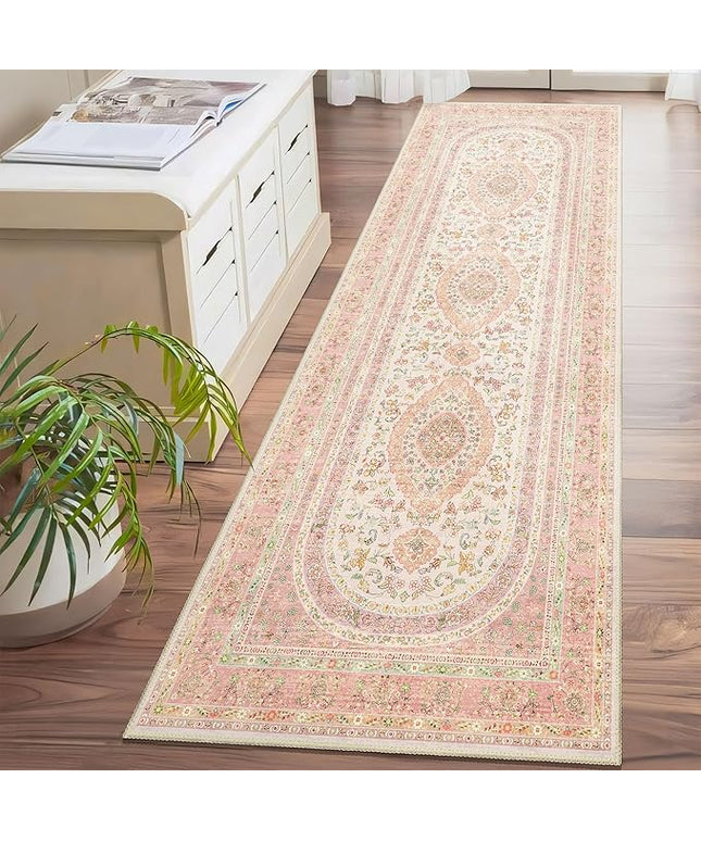 Washable Runner Rug 2x8,Pink Rug Runners Non Slip,Long Boho Rugs for Hallways Kitchen Bedroom Entryway Living Room Bathroom,Vintage Bohemian Distressed Farmhouse Floor Carpet,Blush Floral