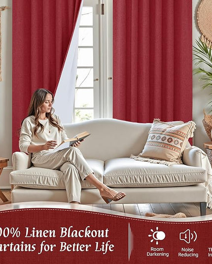 LAMIT 100% Blackout Red Linen Curtains, 63 Inches Linen Textured Thermal Bedroom Drapes Back Tab and Rod Pocket Neutral Panels with White Liner for Livingr Room, 2 Panels, 52 x 63 Inch
