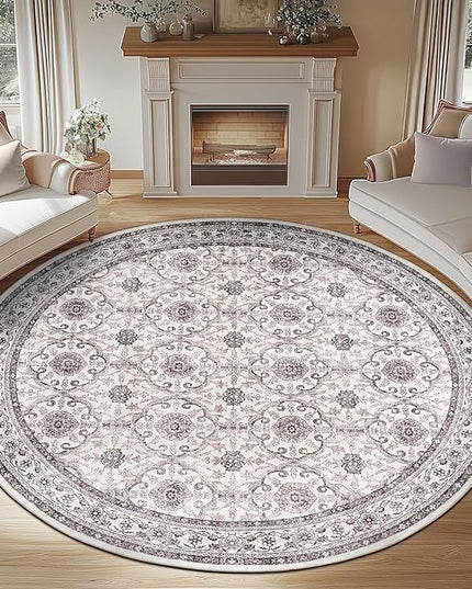 jinchan Round Rug 8ft Washable Circle Soft Rug - Low Pile Vintage 8'Round Indoor Beige Floral Print Stain Resistant Boho Carpet Ultra-Thin Non-Slip for Living Room Bedroom Dining Room Kitchen