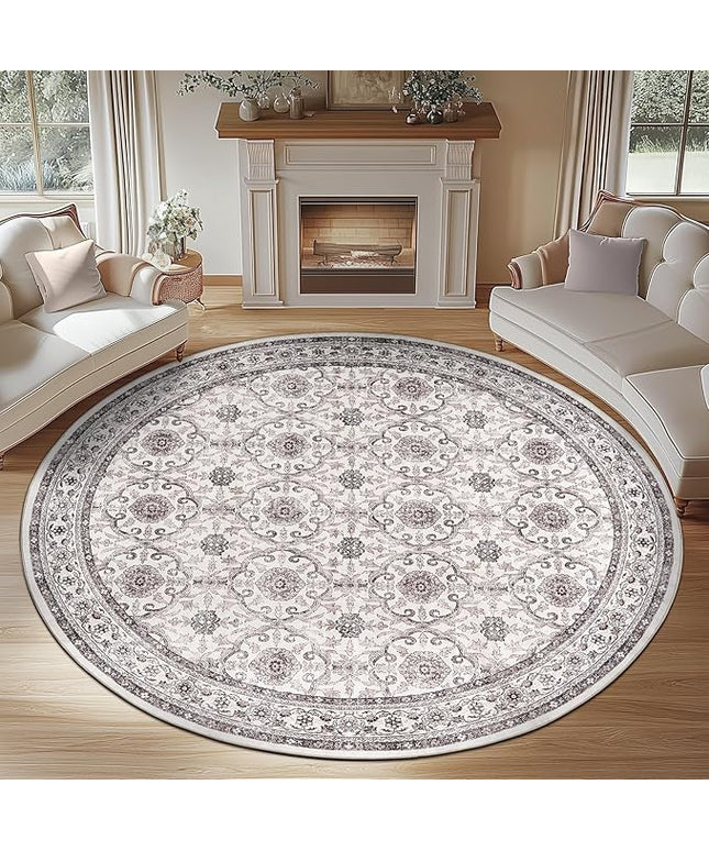 jinchan Round Rug 8ft Washable Circle Soft Rug - Low Pile Vintage 8'Round Indoor Beige Floral Print Stain Resistant Boho Carpet Ultra-Thin Non-Slip for Living Room Bedroom Dining Room Kitchen