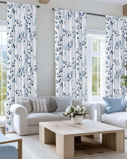 Beauoop Floral 100% Blackout Curtains 84 Inches Long 2 Panels for Bedroom Living Room Navy Blue and White Flower Patterned Room Darkening Thermal Soundproof Rod Pocket Back Tab Window Drapes, 52X84