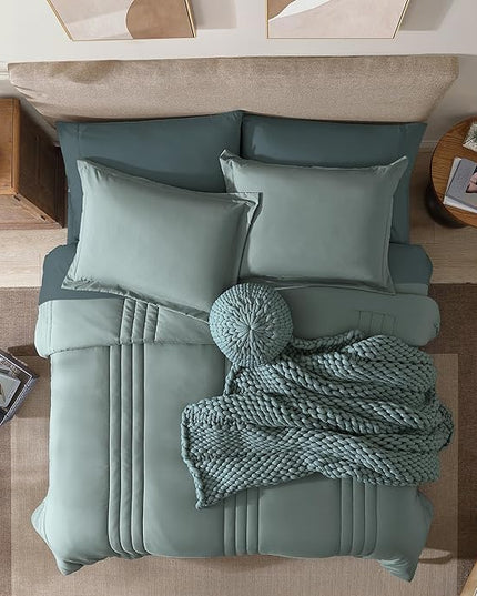 Monbix California King Size Comforter Set - 7 Pieces Bed in a Bag California King, Sage Green Bedding Sets, All Seasons Down Alternative Comforter Bed Set with Sheets, Pillowcases & Shams