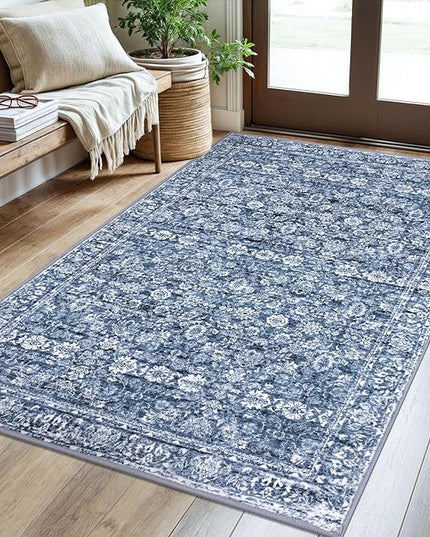 3x5 Washable Area Rug for Entrance, Blue Soft Distressed Floral Rug with Non-Slip, Low-Pile Vintage Area Rugs for Office Entryway Bedroom, Non-Shedding Carpet for Boys Dorm