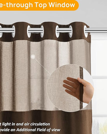 Tan Brown No Hooks Linen Shower Curtain with Snap in Liner Set Rustic Farmhouse Shower Curtains for Bathroom Cream Burlap Cloth Double Bath Curtains with See Through Top Window 72x75