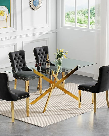 Rectangle Glass Dining Table Set for 4, 60'' Kitchen Table and Chairs Set, 5PCS Modern Dining Room Table Set with 4 Velvet Dining Chair for Home