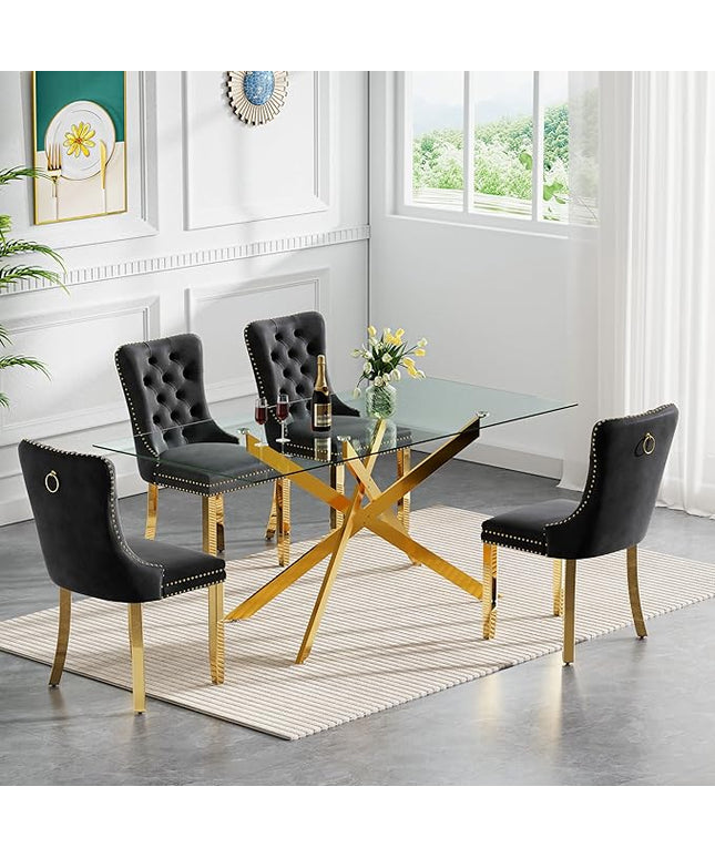 Rectangle Glass Dining Table Set for 4, 60'' Kitchen Table and Chairs Set, 5PCS Modern Dining Room Table Set with 4 Velvet Dining Chair for Home