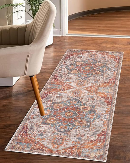 GLN Rugs Traditional Collection - Machine Washable Area Rug, Traditional Washable, Non Slip, Low Pile Chenille Rug, Living Room, Bedroom, Kitchen Rug (2'6"x7' Cream/Terra)