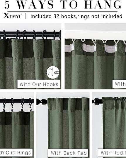 XTMYI 96 Inches Long Curtains Drapes for Sliding Glass Patio Door,Textured Cotton Boho Linen Sheer Window Curtain Panels,Set of 2,Moss Olive Green