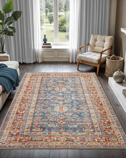GLN Rugs Traditional Collection - Machine Washable Area Rug, Traditional Washable, Non Slip, Low Pile Chenille Rug, Living Room, Bedroom, Kitchen Rug (9'x12' Terra and Blue)