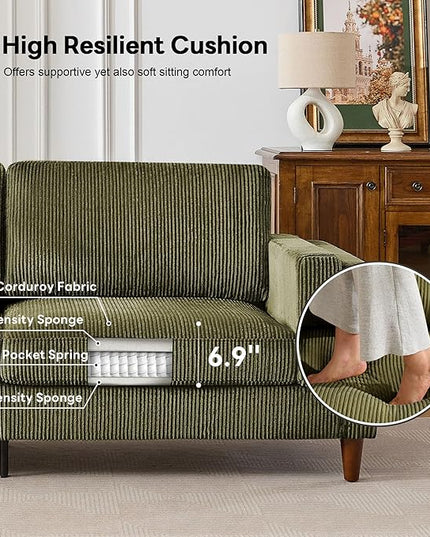 Tbfit 85" Corduroy Couch for Living Room, 3 Seater Mid Century Modern Sofa with Spring Cusions & Extra Deep Seat for Bedroom, Small Comfy Upholstered Couches Easy Assembly with Solid Wood Legs, Green