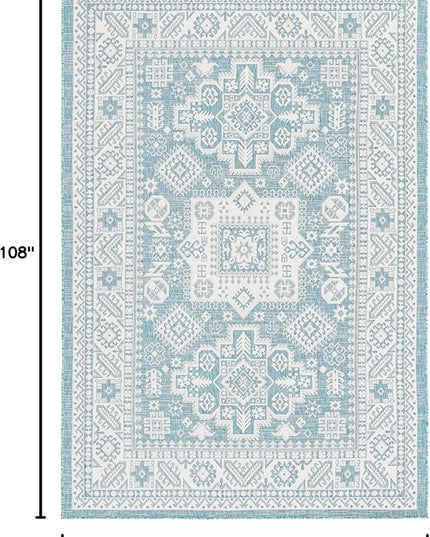 Rugs.com Outdoor Aztec Collection Rug – 6' x 9' Aqua Flatweave Rug Perfect for Living Rooms, Large Dining Rooms, Open Floorplans