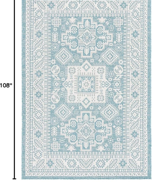 Rugs.com Outdoor Aztec Collection Rug – 6' x 9' Aqua Flatweave Rug Perfect for Living Rooms, Large Dining Rooms, Open Floorplans