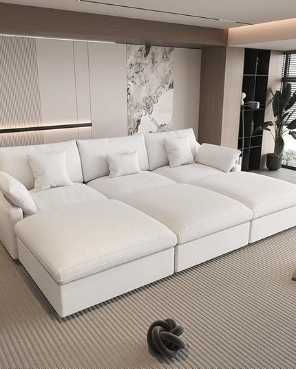 Could Couch Modular Sectional Sofa with Ottoman,Down Filled 120inch U Shaped Couch,Convertible Sofa Bed Living Room Set,6 Seat Sleeper Couched Bed, Cover Washable and Replaceable,White