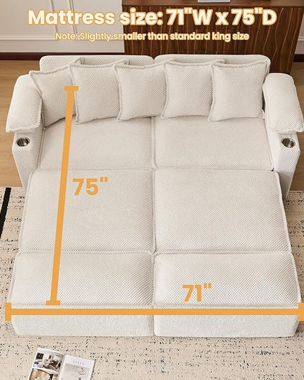 SUNWAVE 83" King Size Pull Out Sofa Bed, 4-in-1 Convertible Sleeper Sofa Bed with USB Ports, Cup Holders, Side Pockets, Corduroy Oversized Loveseat Chaise Lounge for Living Room, Small Space (White)
