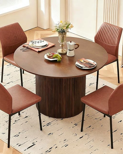 Dining Table Set for 4, 47" Wooden Round Kitchen Table with PU Leather Chairs for Kitchen Room and Small Spaces(Walnut Table + 4 Brown Chairs)