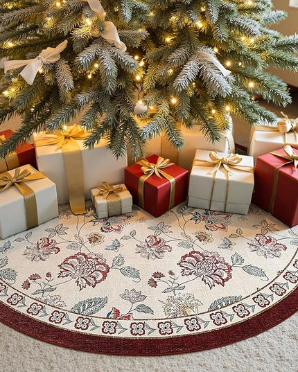 jinchan Elora 4ft Floral Round Rug for Entryway Washable Rug Vintage Romance Christmas Design Non Slip Indoor Doormat Lightweight Low-Profile Throw Carpet for Living Room Dining Room, Red/Beige