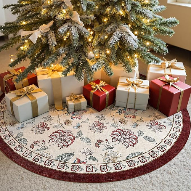 jinchan Elora 5ft Floral Round Rug for Entryway Washable Rug Vintage Romance Christmas Design Non Slip Indoor Doormat Lightweight Low-Profile Throw Carpet for Living Room Dining Room, Red/Beige