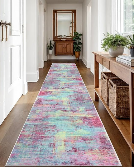 IOHOUZE Abstract Runner Rug 2x12 Ft Washable Runners for Hallways, Non Slip Kitchen Runner Printed Faux Wool Entryway Runner Indoor, Modern Abstract Floor Carpet for Hall Kitchen, Pink Teal