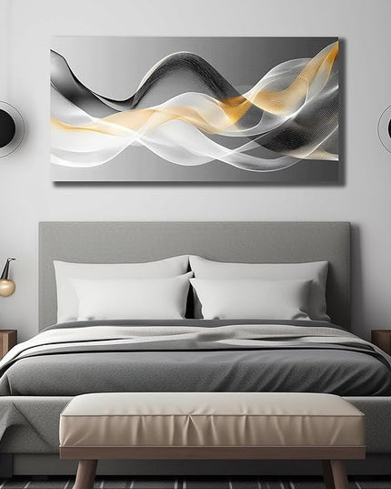 JuhaiArt Abstract Wall Decor Art Gold Canvas Modern Black Picture White Art for Bedroom Office Decoration 24" x 48"
