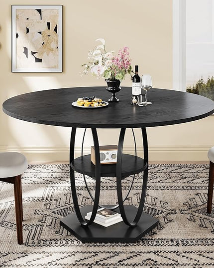 Round Dining Table for 4, 3-Tier Dinner Room Tables with Storage Shelf, Space Saving Small Kitchen Table, Farmhouse Dinner Table with Wooden Tabletop and Hexagonal Base (Black, 47inch)