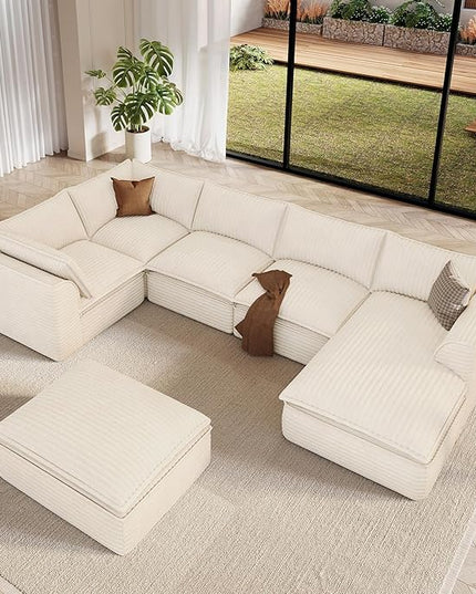Vesgantti 141.7" Oversized Sectional Boneless Couch, 7 Seater Modular Sofa with Chaise & Ottoman & Armrest, Deep Seat Plush Corduroy Cloud Couches for Living Room, No Assembly Required, Beige